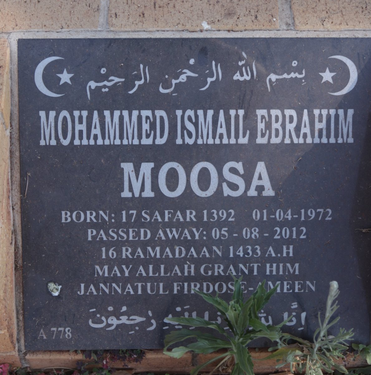 MOOSA Mohammed Ismail Ebrahim 1972-2012