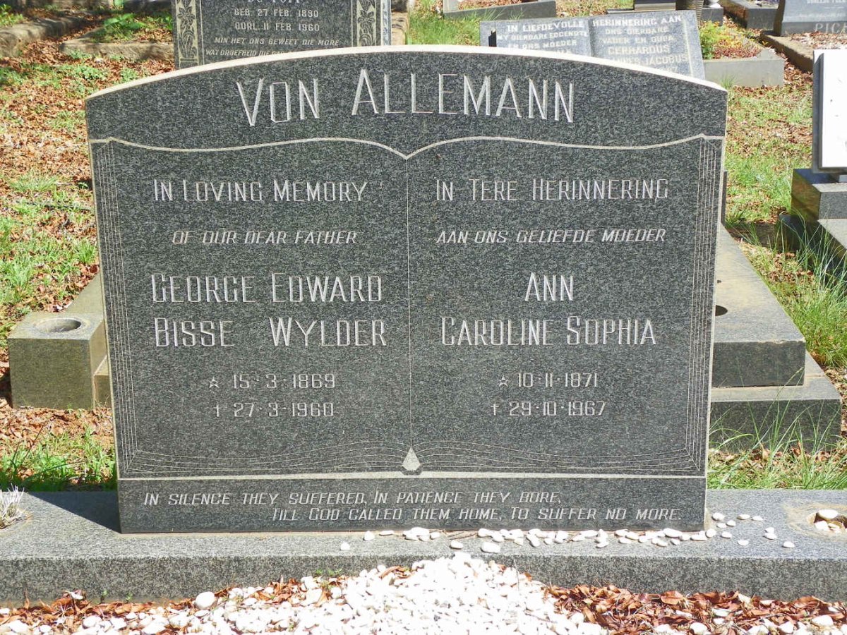 ALLEMANN George Edward Bisse Wylder, von 1869-1960 &amp; Ann Caroline Sophia 1871-1967