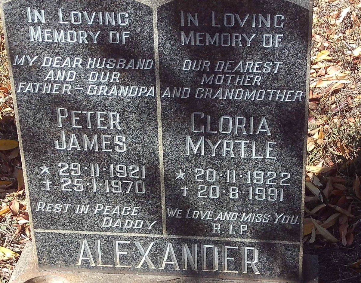 ALEXANDER Peter James 1921-1970 &amp; Gloria Myrtle 1922-1991