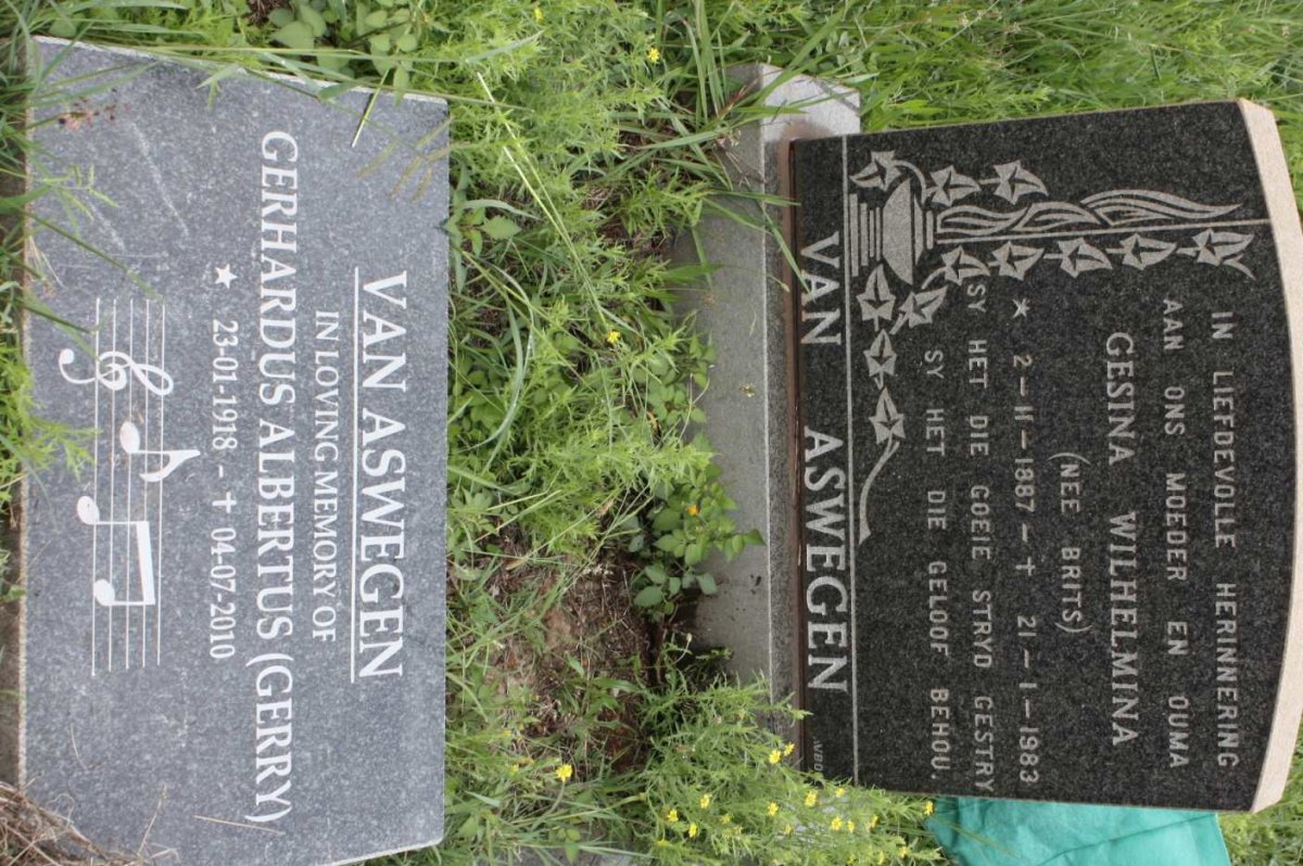 ASWEGEN Gesina Wilhelmina, van nee BRITS 1887-1983 :: VAN ASWEGEN Gerhardus Albertus 1918-2010