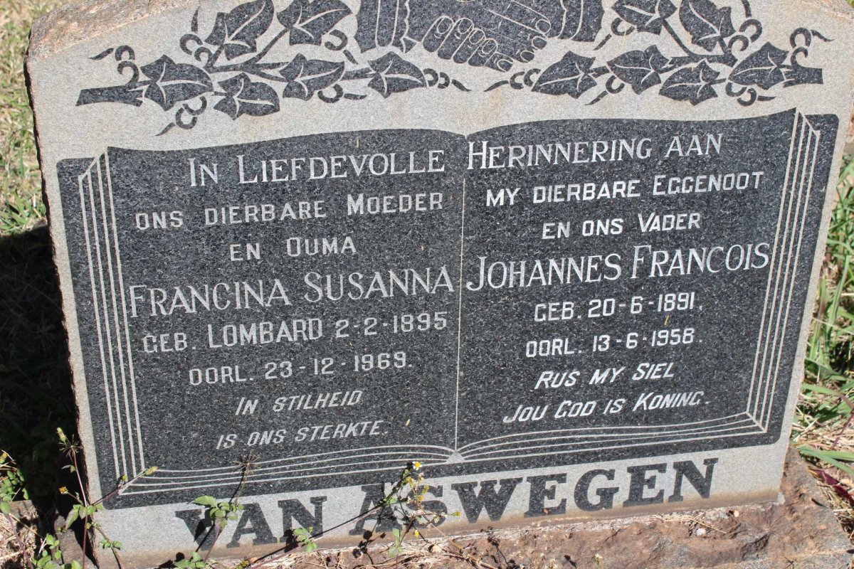 ASWEGEN Johannes Francois, van 1891-1958 &amp; Francina Susanna LOMBARD 1895-1969