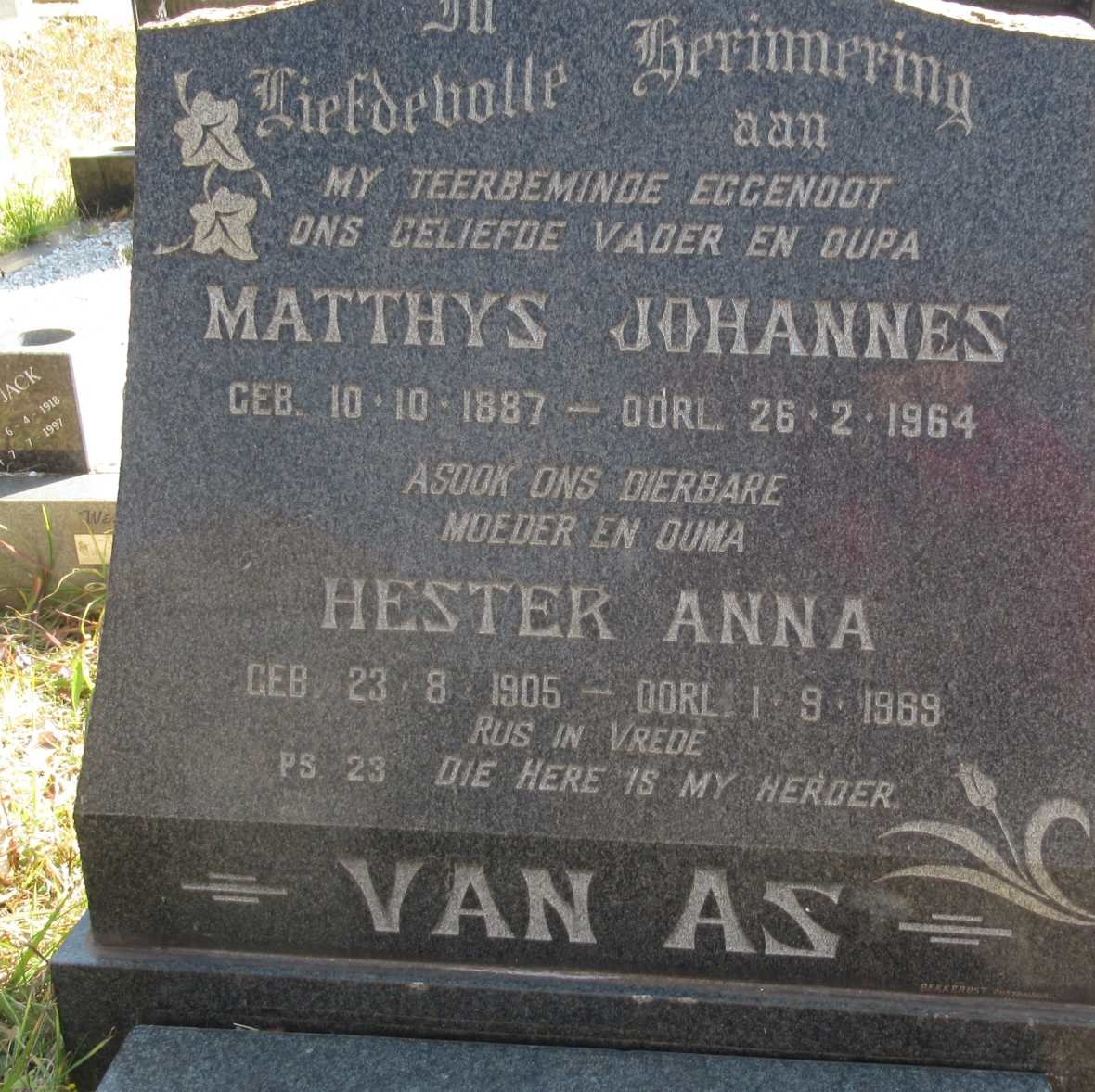 AS Matthys Johannes, van 1887-1964 &amp; Hester Anna 1905-1969