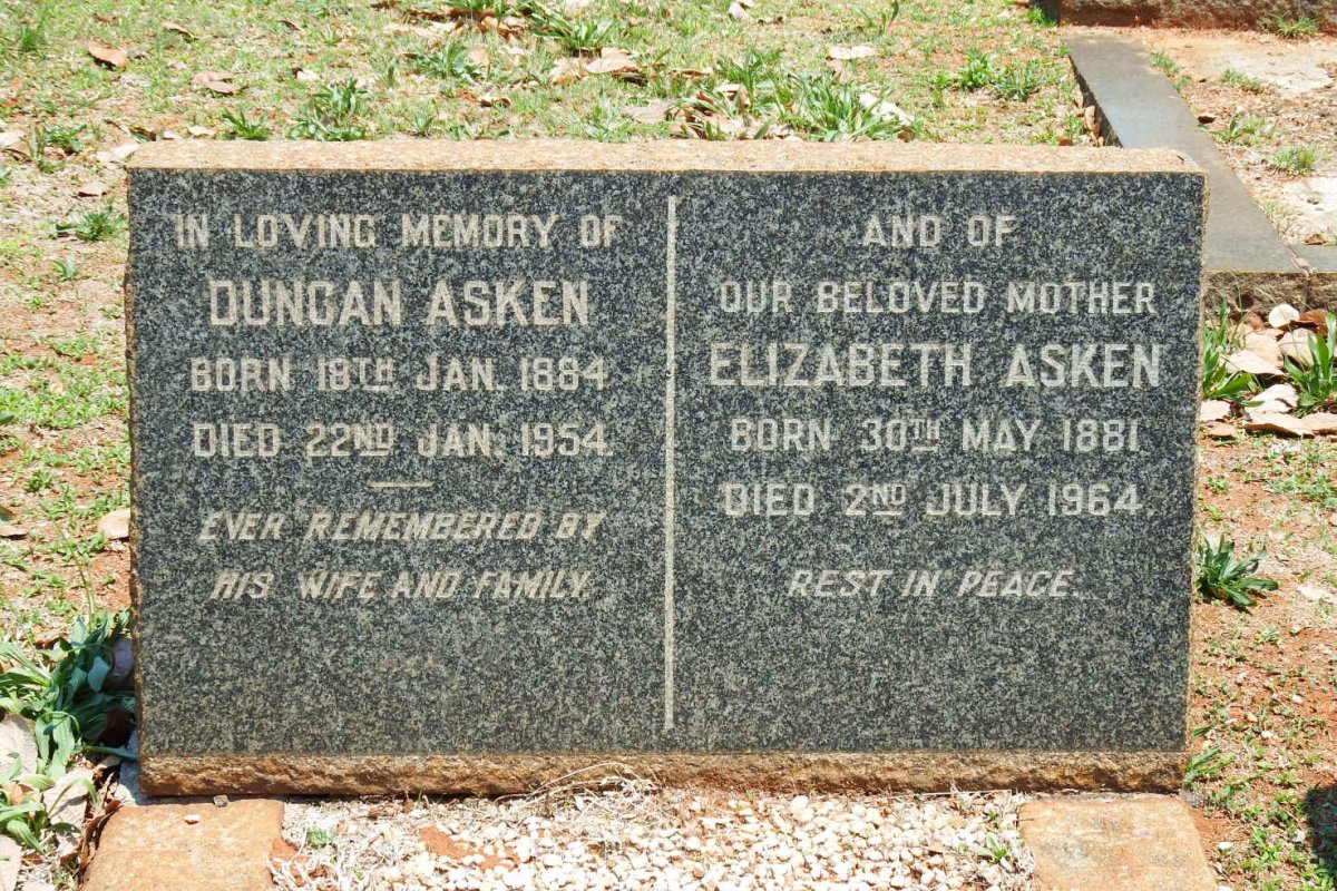 ASKEN Duncan 1884-1954 &amp; Elizabeth 1881-1964