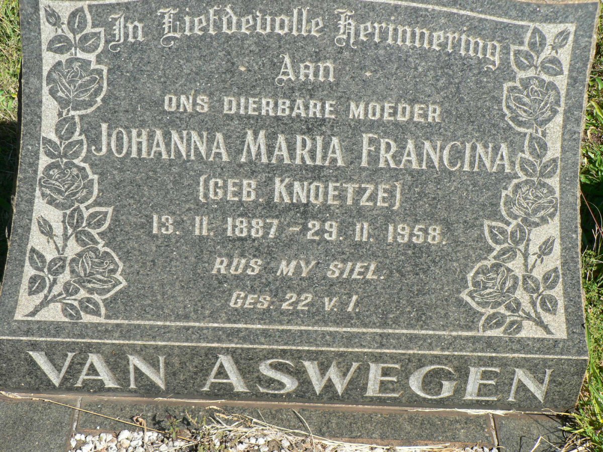 ASWEGEN Johanna Maria Francina, van nee KNOETZE 1887-1958