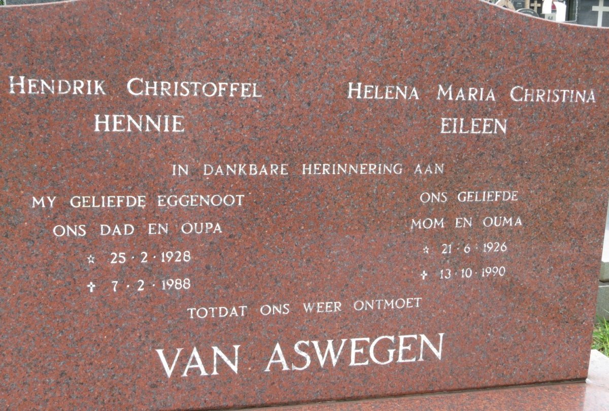 ASWEGEN Hendrik Christoffel Hennie, van 1928-1988 &amp; Helena Maria Christina Eileen 1926-1990