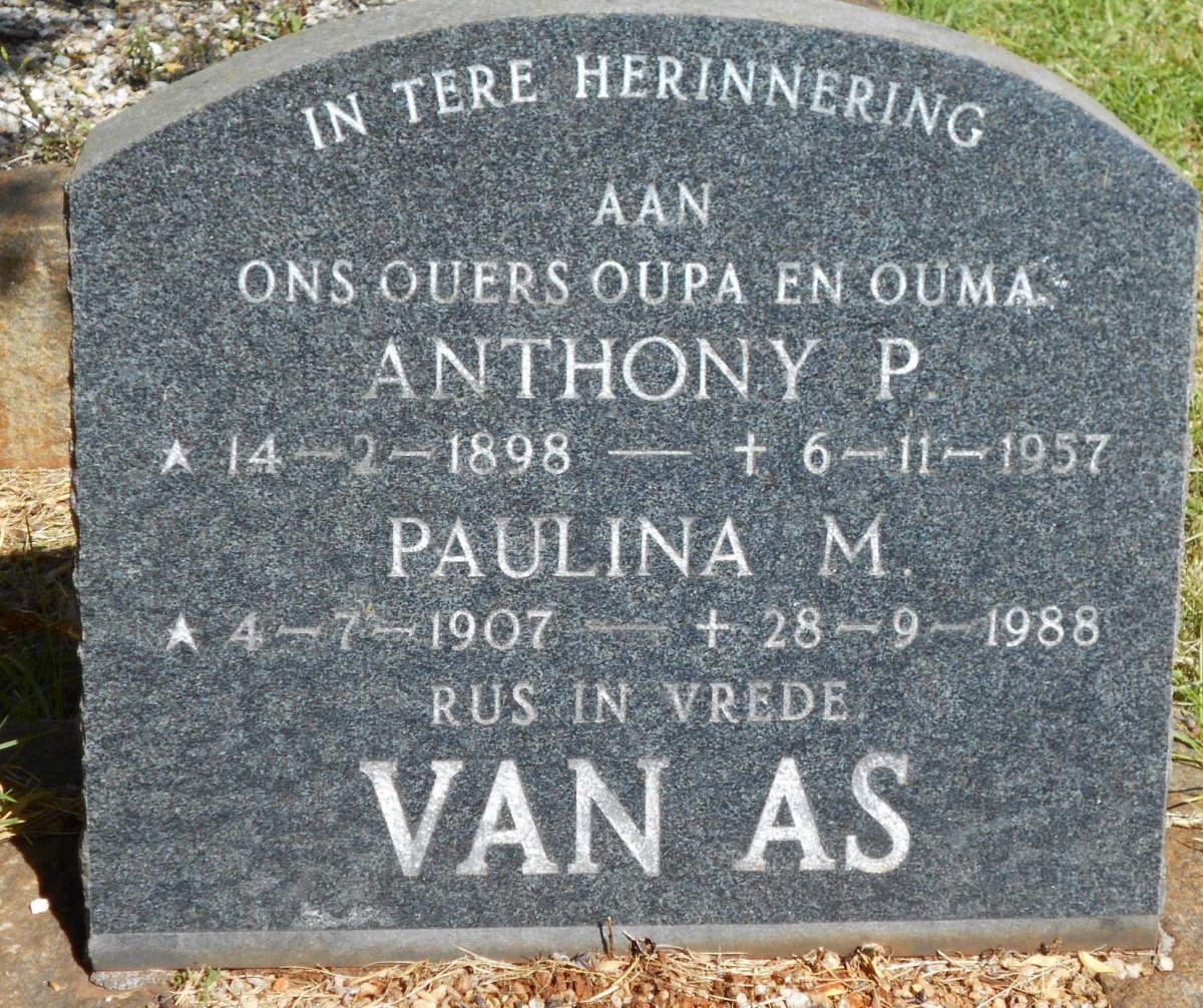 AS Anthony P., van 1898-1957 &amp; Paulina M. 1907-1988