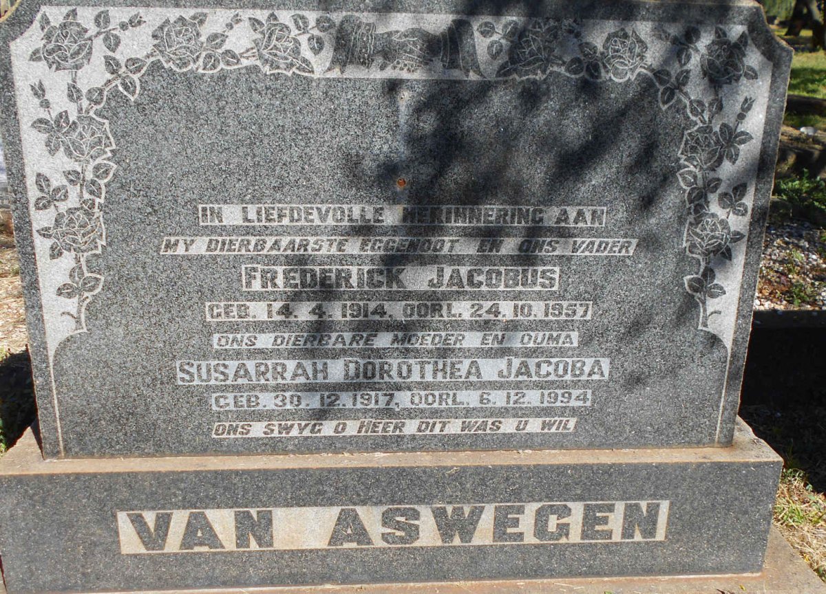 ASWEGEN Frederick Jacobus, van 1914-1957 &amp; Susarrah Dorothea Jacoba 1917-1994
