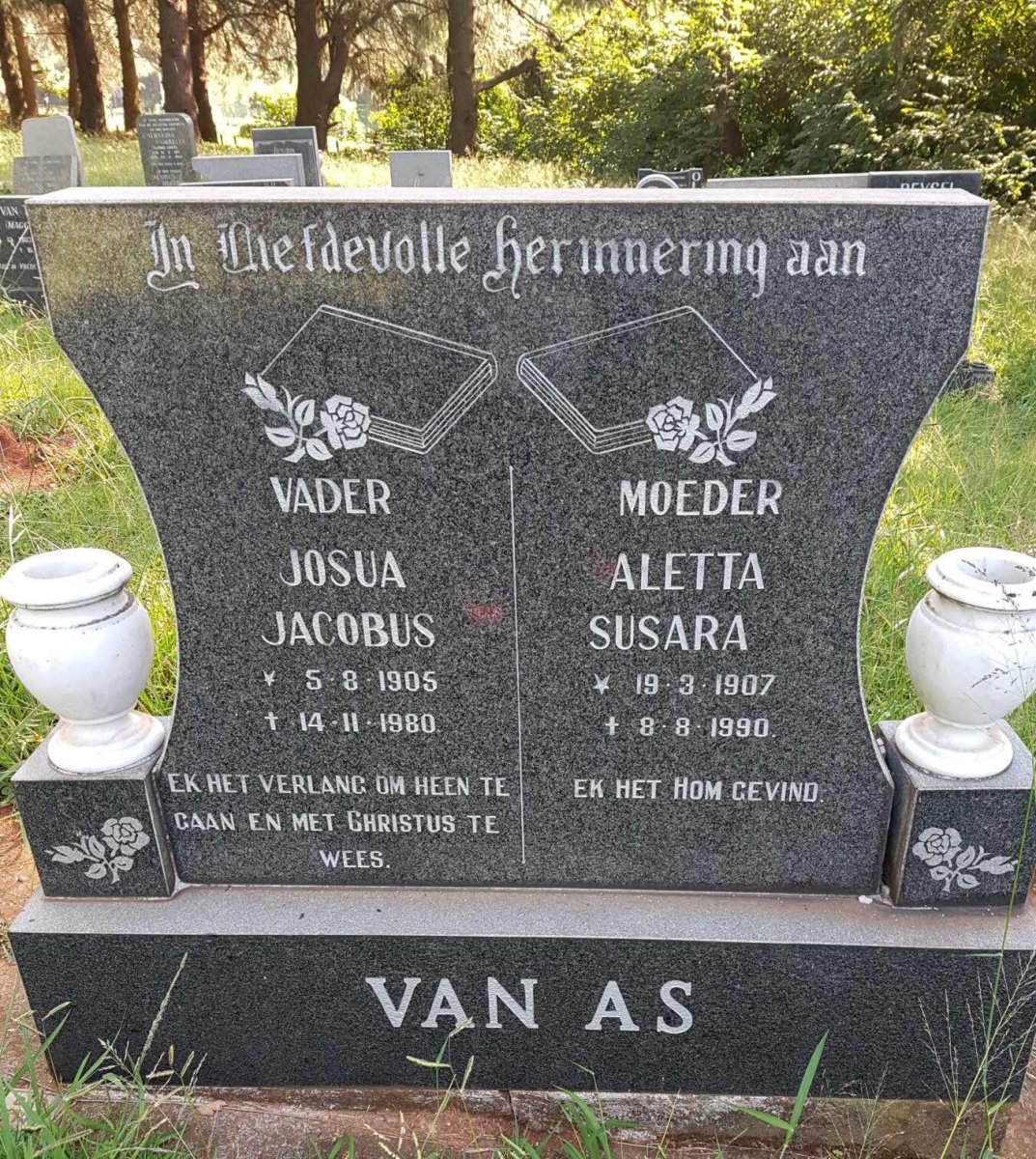 AS Josua Jacobus, van 1905-1980 &amp; Aletta Susara 1907-1990
