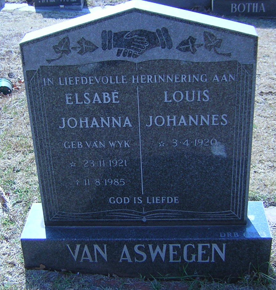 ASWEGEN Louis Johannes, van 1920- &amp; Elsabe Johanna van WYK 1921-1985