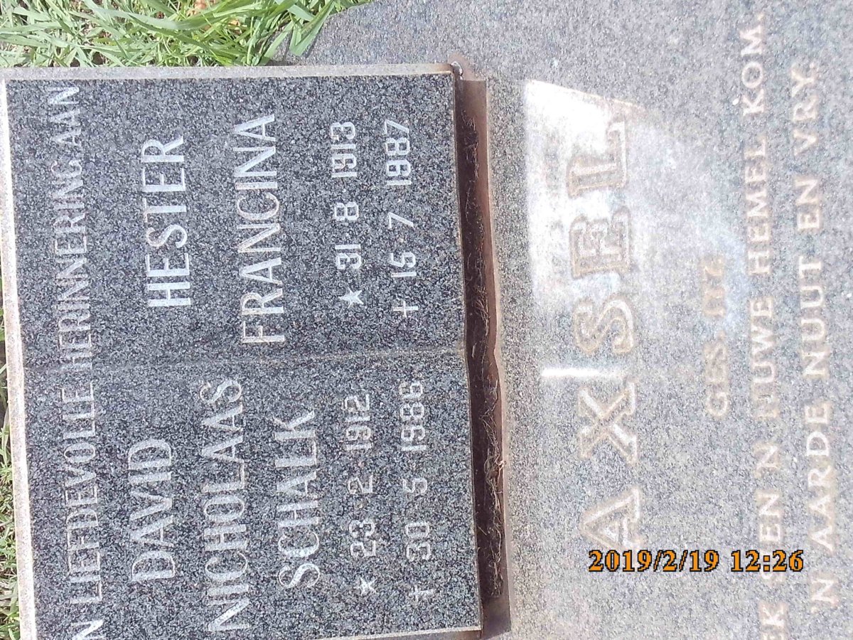 AXSEL David Nicholaas Schalk 1912-1986 &amp; Hester Francina 1913-1987