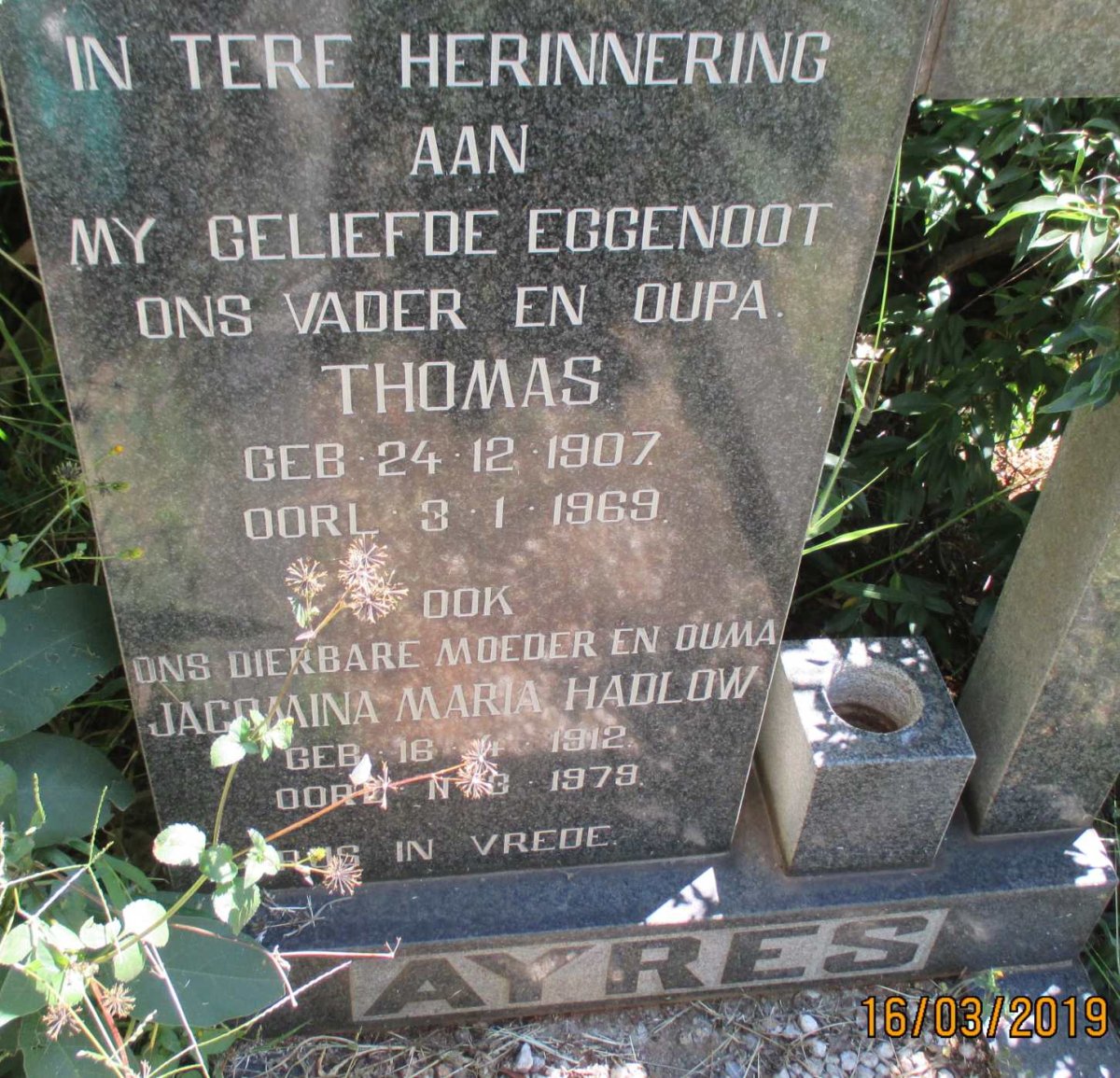 AYRES Thomas 1907-1969 &amp; Jacomina Maria HADLOW 1912-1979