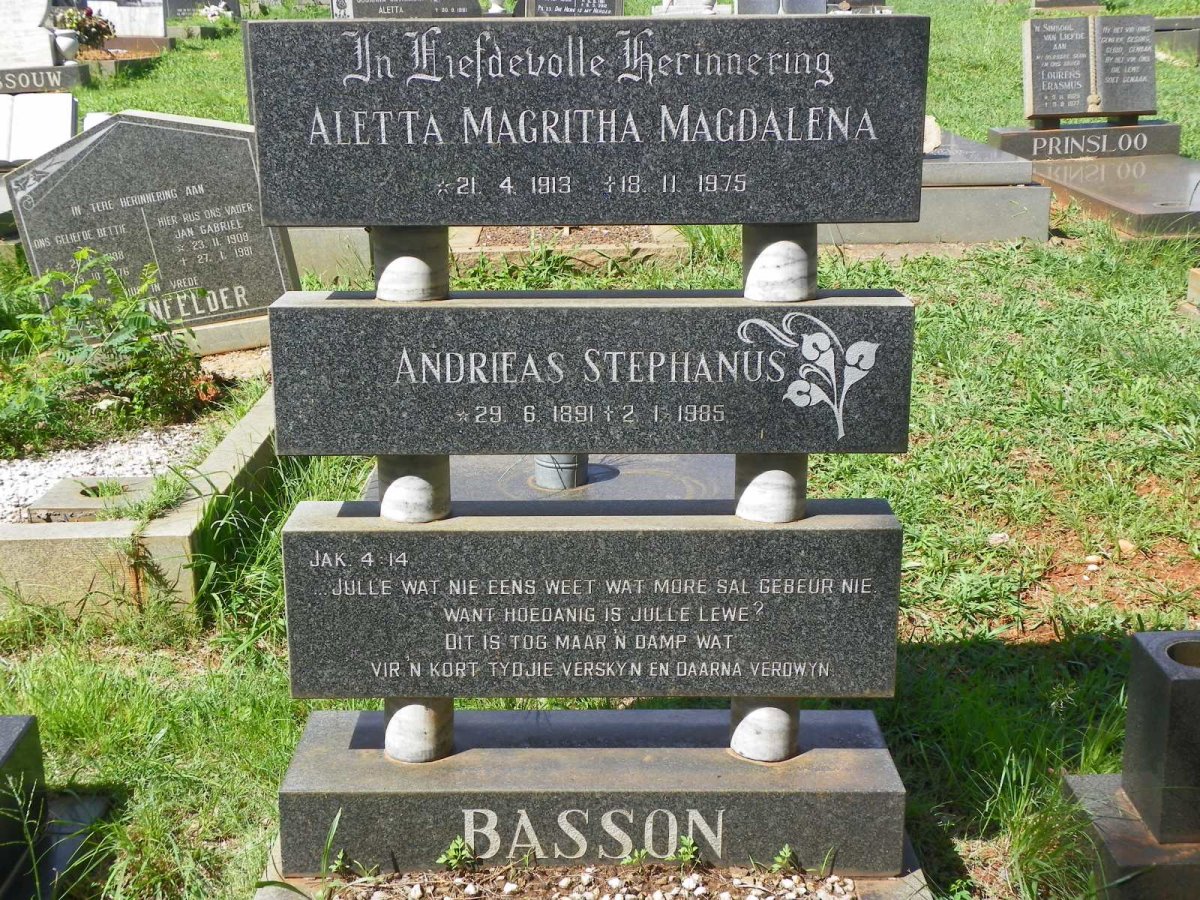 BASSON Andrieas Stephanus 1891-1985 &amp; Aletta Magritha Magdalena 1913-1975