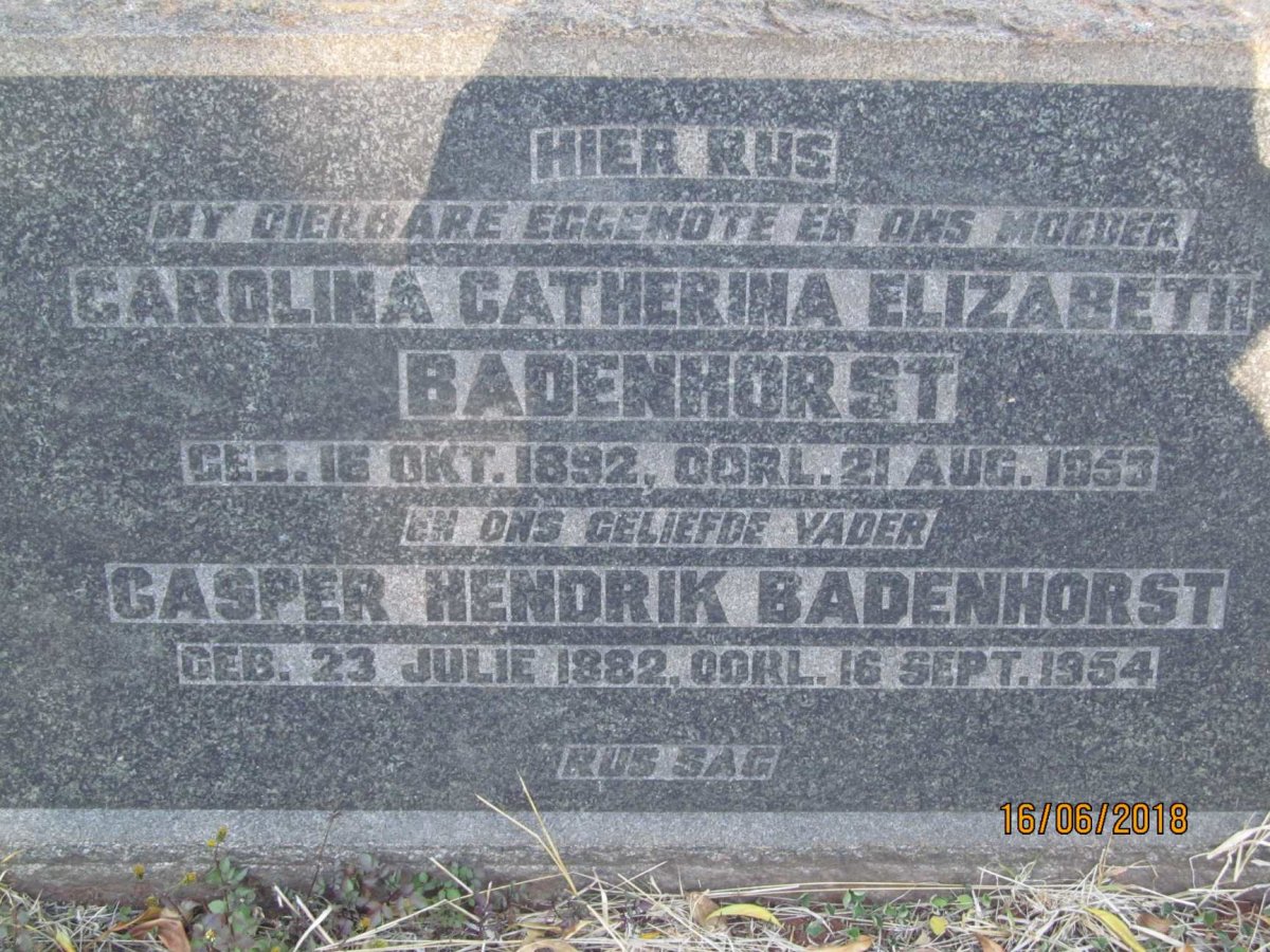 BADENHORST Casper Hendrik 1882-1954 &amp; Carolina Catherina Elizabeth 1892-1953
