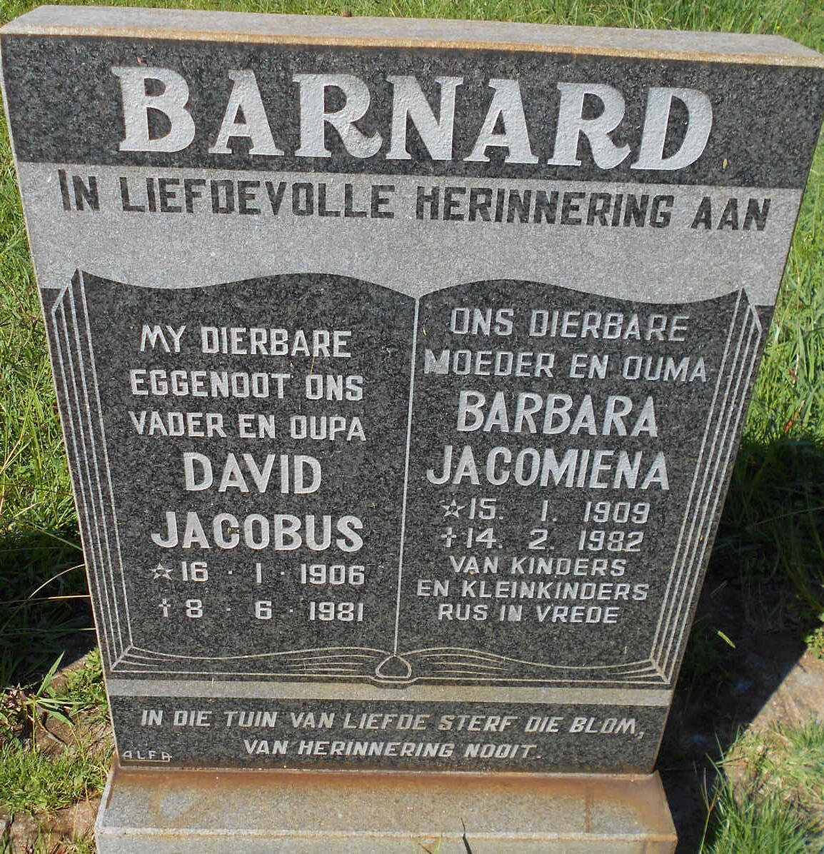 BARNARD David Jacobus 1906-1981 &amp; Barbara Jacomiena 1909-1982