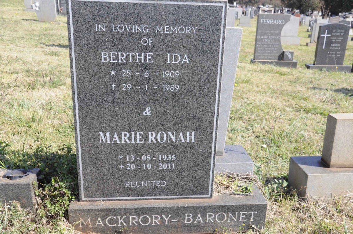 BARONET Berthe Ida, MACKRORY- 1909-1989 :: MACKRORY-BARONET Marie Ronah 1935-2011