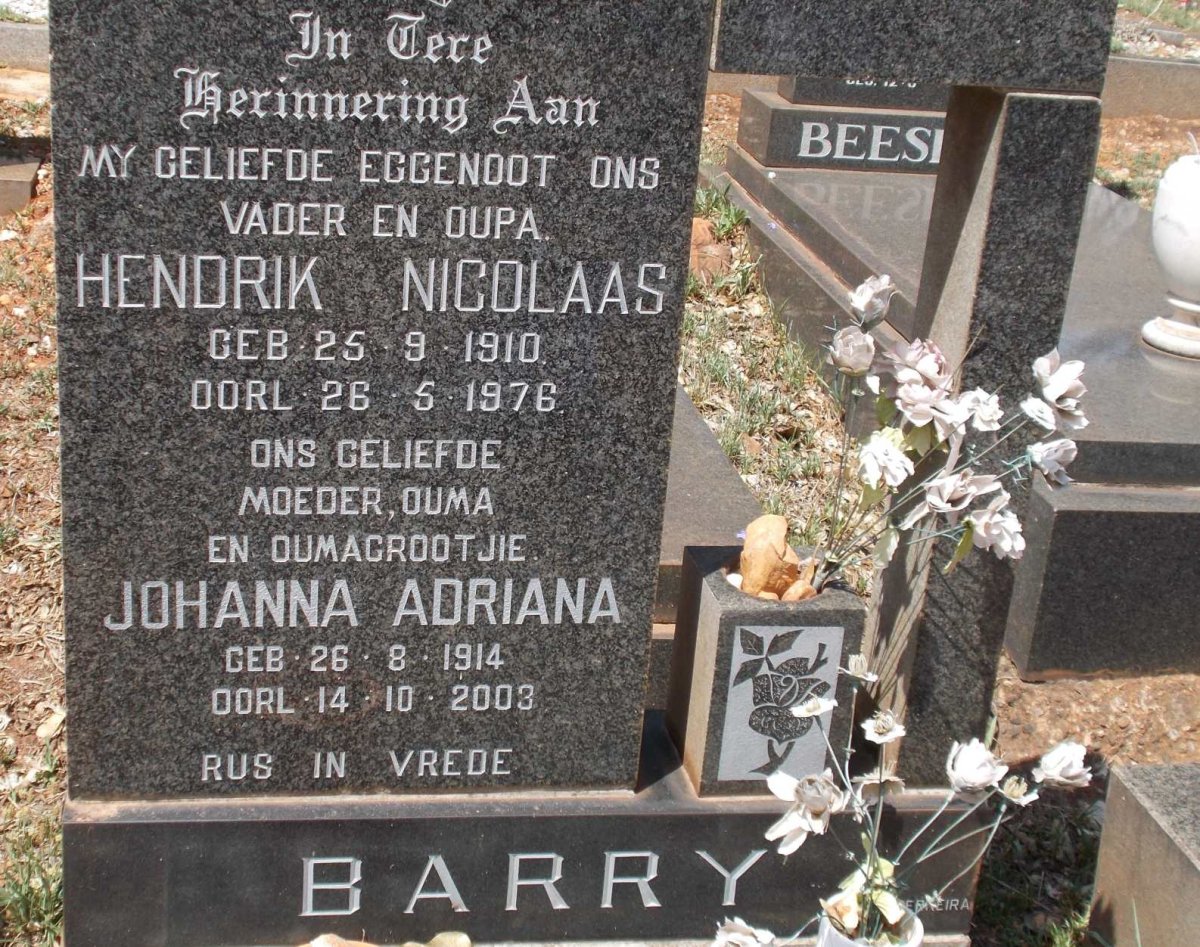 BARRY Hendrik Nicolaas 1910-1976 &amp; Johanna Adriana 1914-2003