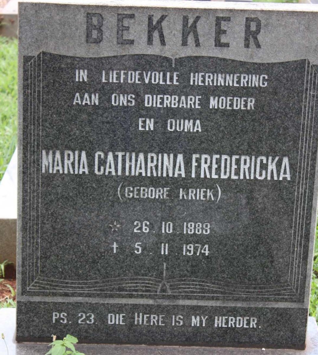 BEKKER Maria Catharina Fredericka nee KRIEK 1888-1974