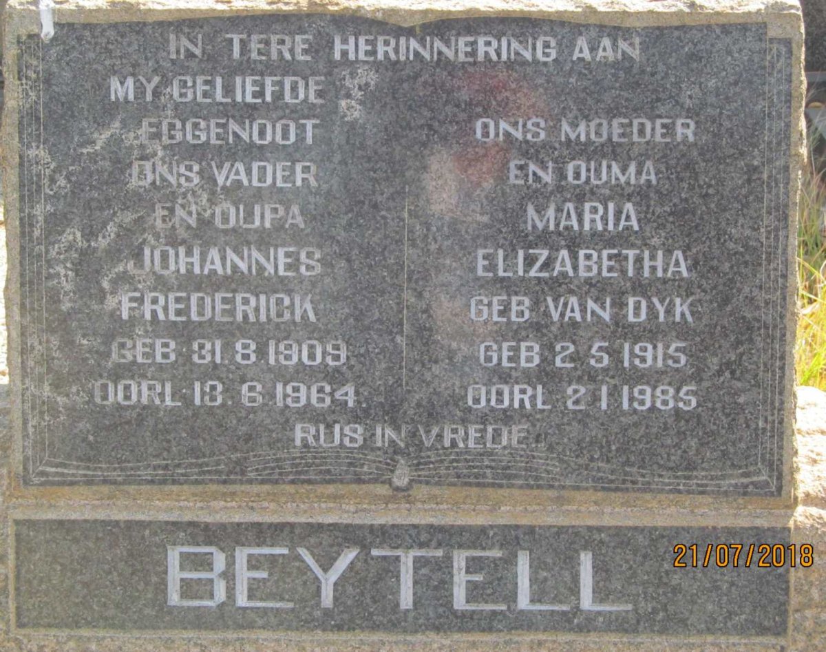 BEYTELL Johannes Frederick 1909-1964 &amp; Maria Elizabetha VAN DYK 1915-1985