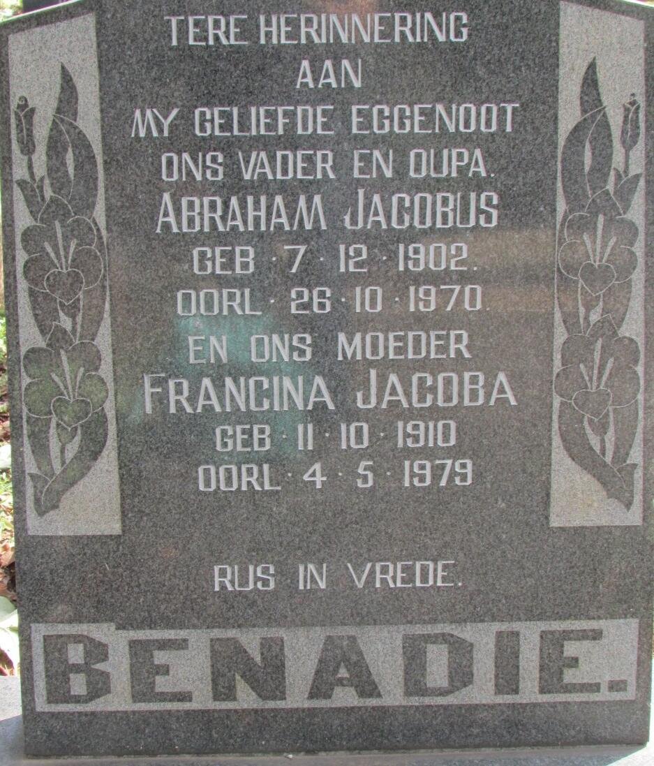 BENADIE Abraham Jacobus 1902-1970 &amp; Francina Jacoba 1910-1979