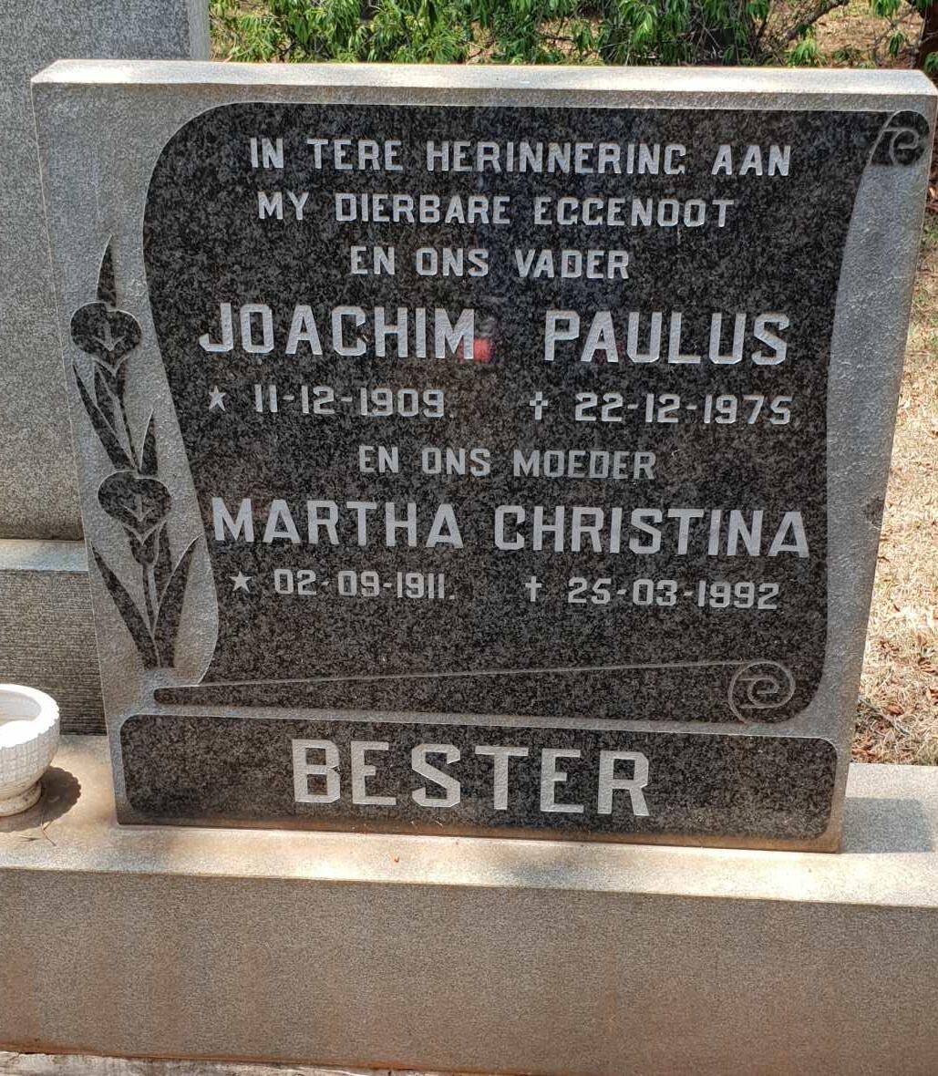 BESTER Joachim Paulus 1909-1975 &amp; Martha Christina 1911-1992