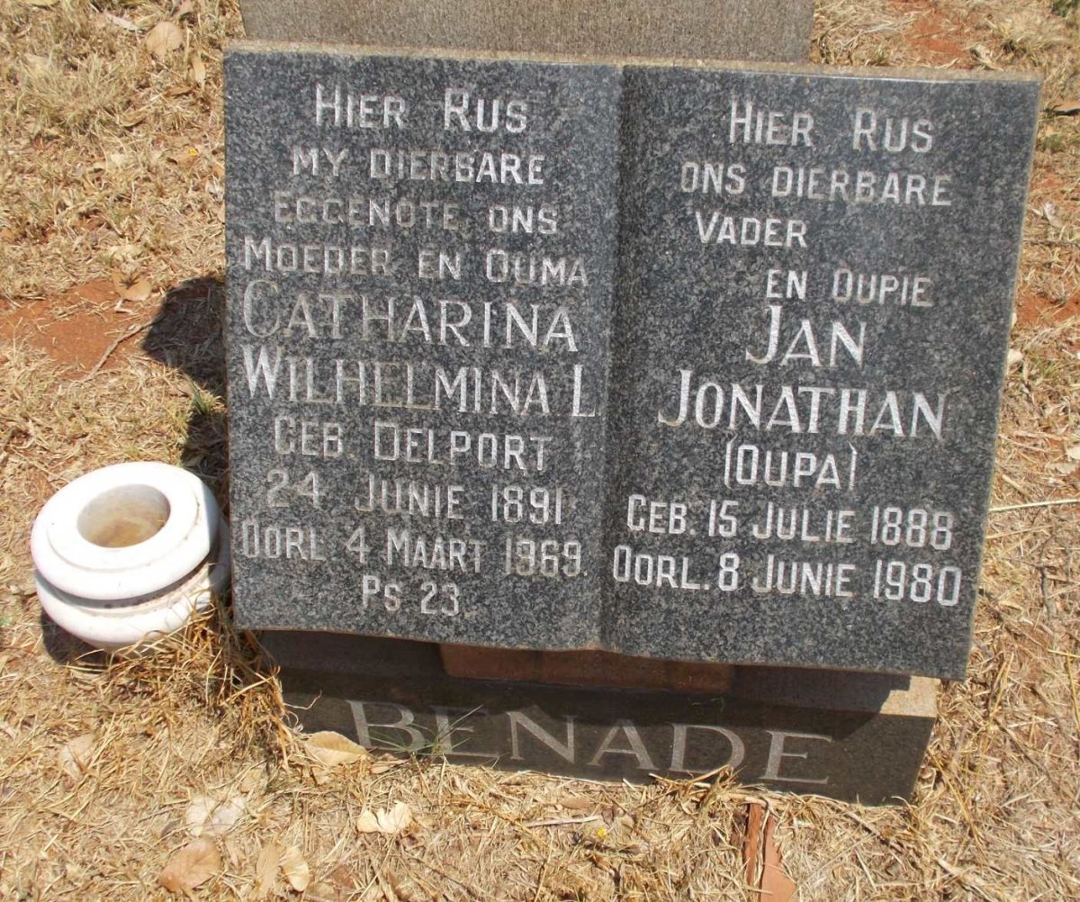 BENADE Jan Jonathan 1888-1980 &amp; Catharina Wilhelmina L. DELPORT 1891-1969