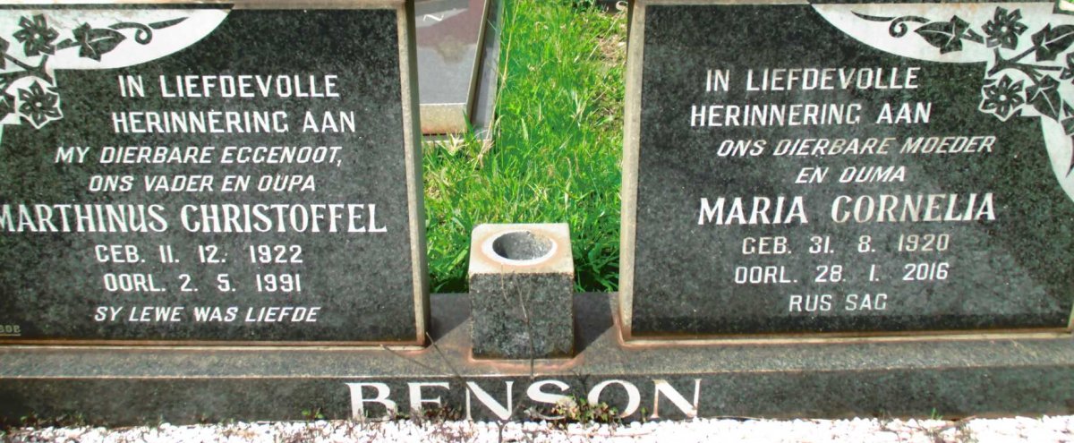 BENSON Marthinus Christoffel 1922-1991 &amp; Maria Cornelia 1920-2016