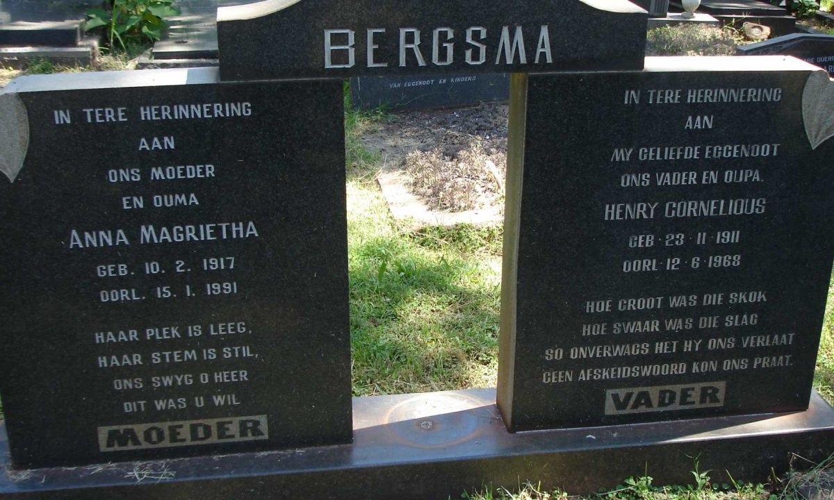 BERGSMA Henry Cornelious 1911-1968 &amp; Anna Magrietha 1917-1991