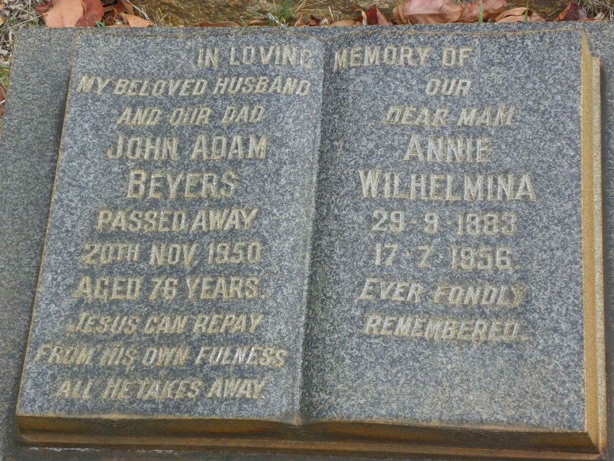 BEYERS John Adam -1950 &amp; Annie Wilhelmina 1883-1956