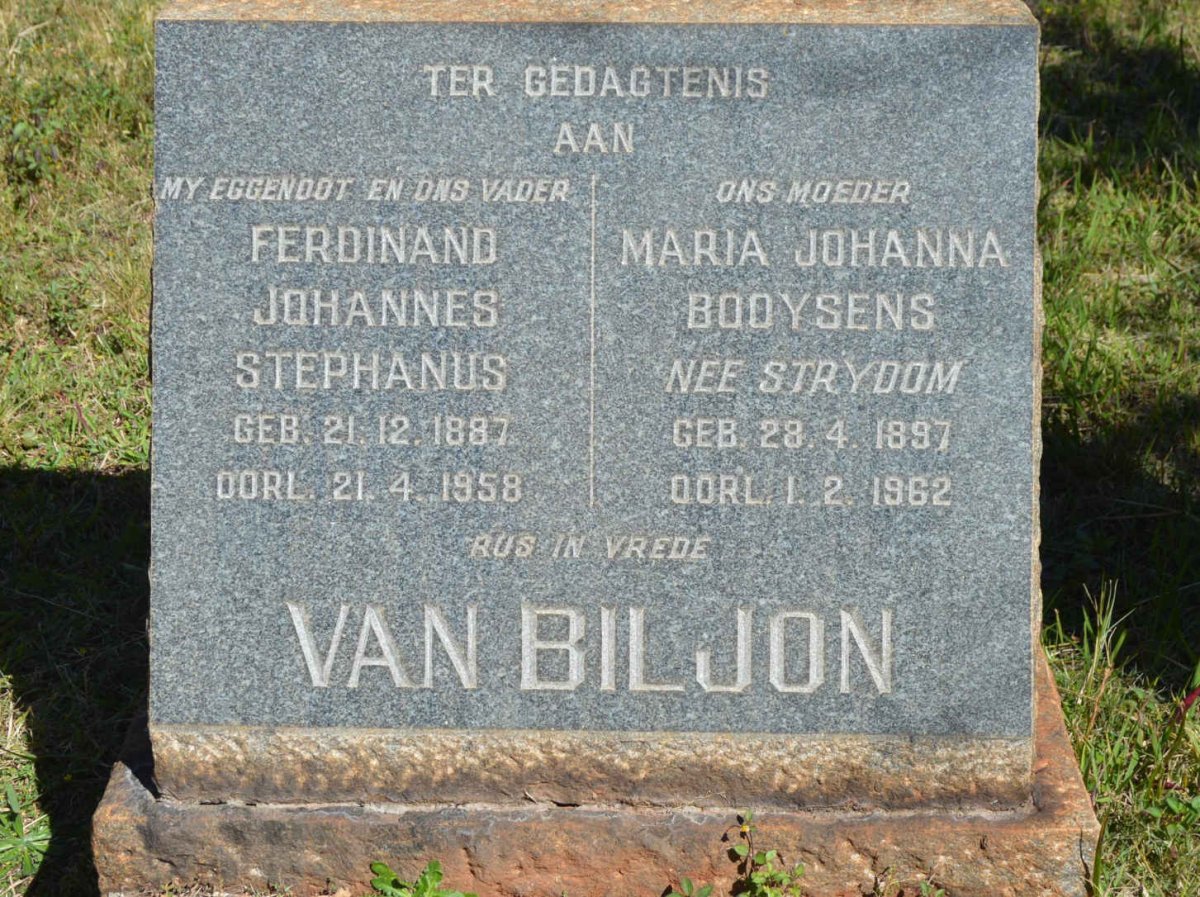 BILJON Ferdinand Johannes Stephanus, van 1887-1958 &amp; Maria Johanna Booysens STRYDOM 1897-1962