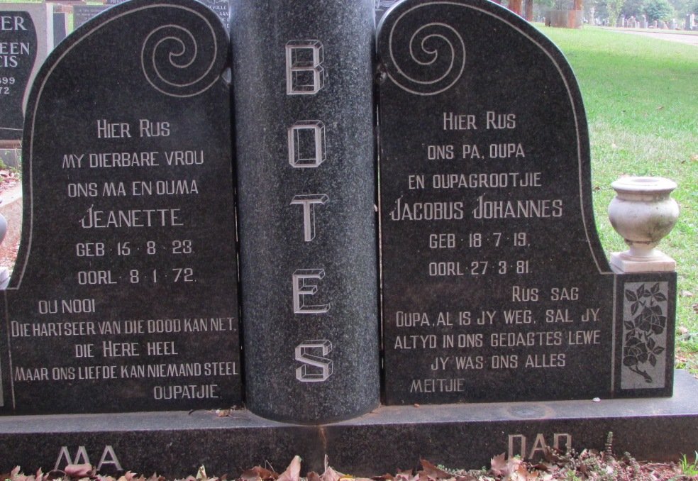 BOTES Jacobus Johannes 1919-1981 &amp; Jeanette 1923-1972