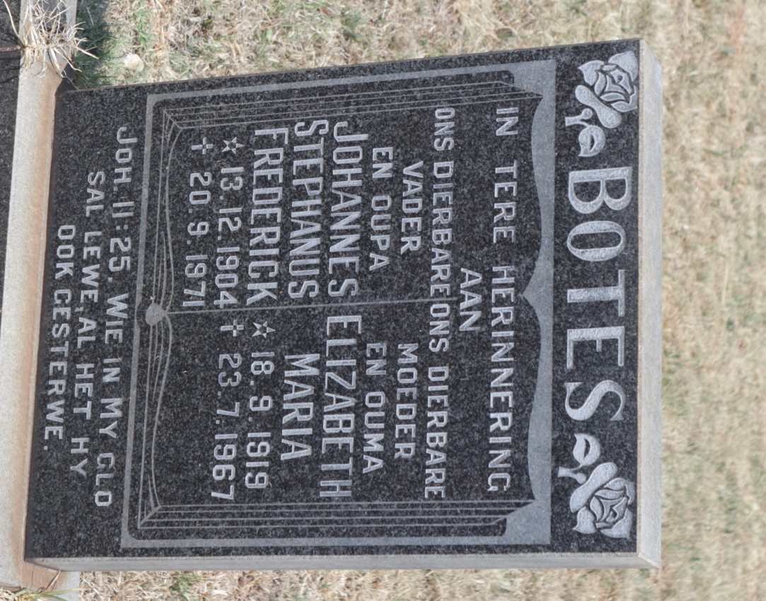 BOTES Johannes Stephanus Frederick 1904-1971 &amp; Elizabeth Maria 1919-1967