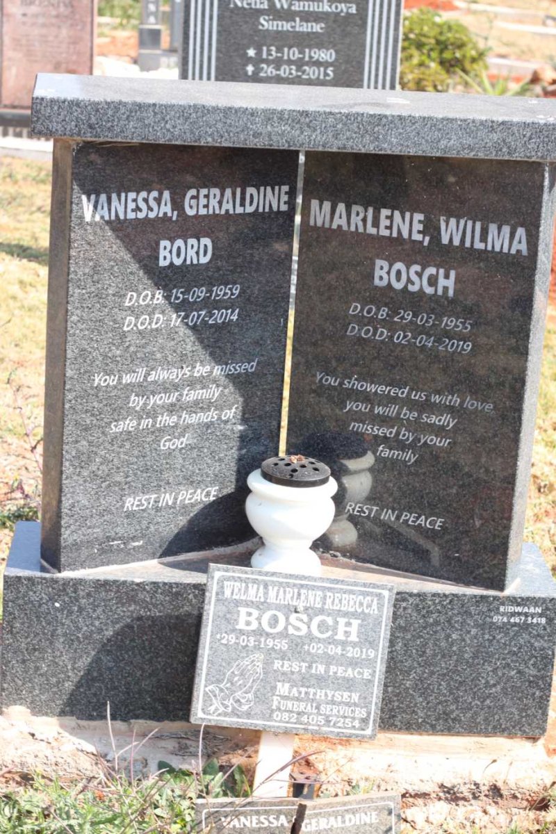 BORD Vanessa Geraldine 1959-2014 :: BOSCH Marlene Wilma 1955-2019