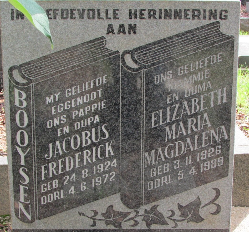 BOOYSEN Jacobus Frederick 1924-1972 &amp; Elizabeth Maria Magdalena 1926-1989