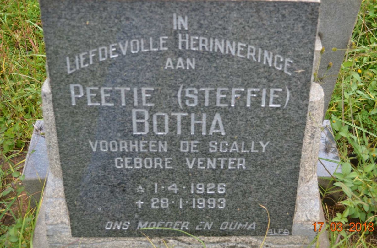 BOTHA Peetie voorheen DE SCALLY nee VENTER 1926-1993