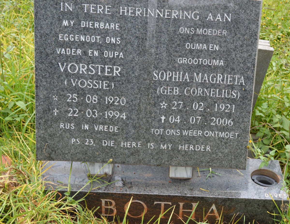 BOTHA Vorster 1920-1994 &amp; Sophia Magrieta CORNELIUS 1921-2006
