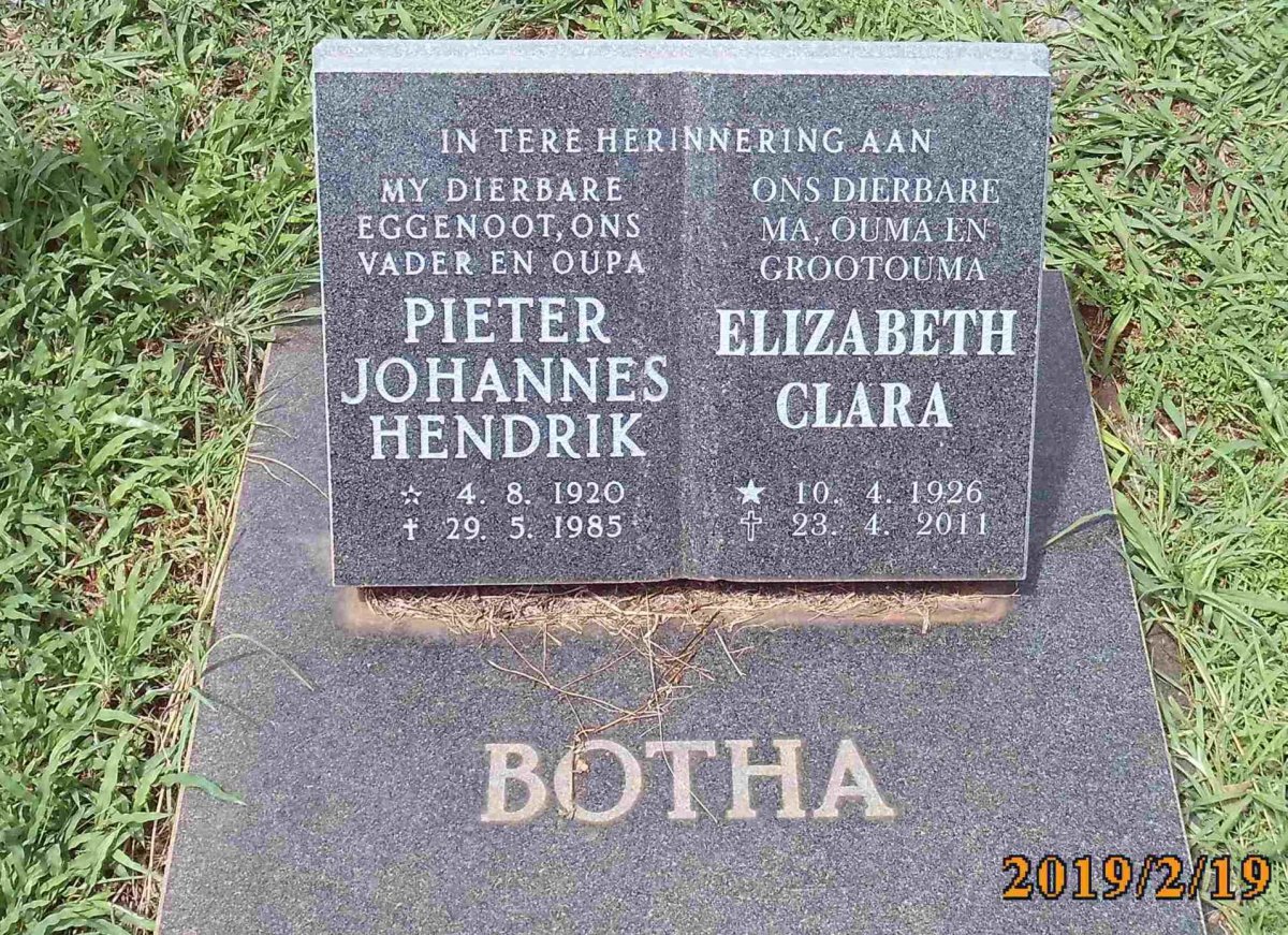 BOTHA Pieter Johannes Hendrik 1920-1985 &amp; Elizabeth Clara 1926-2011