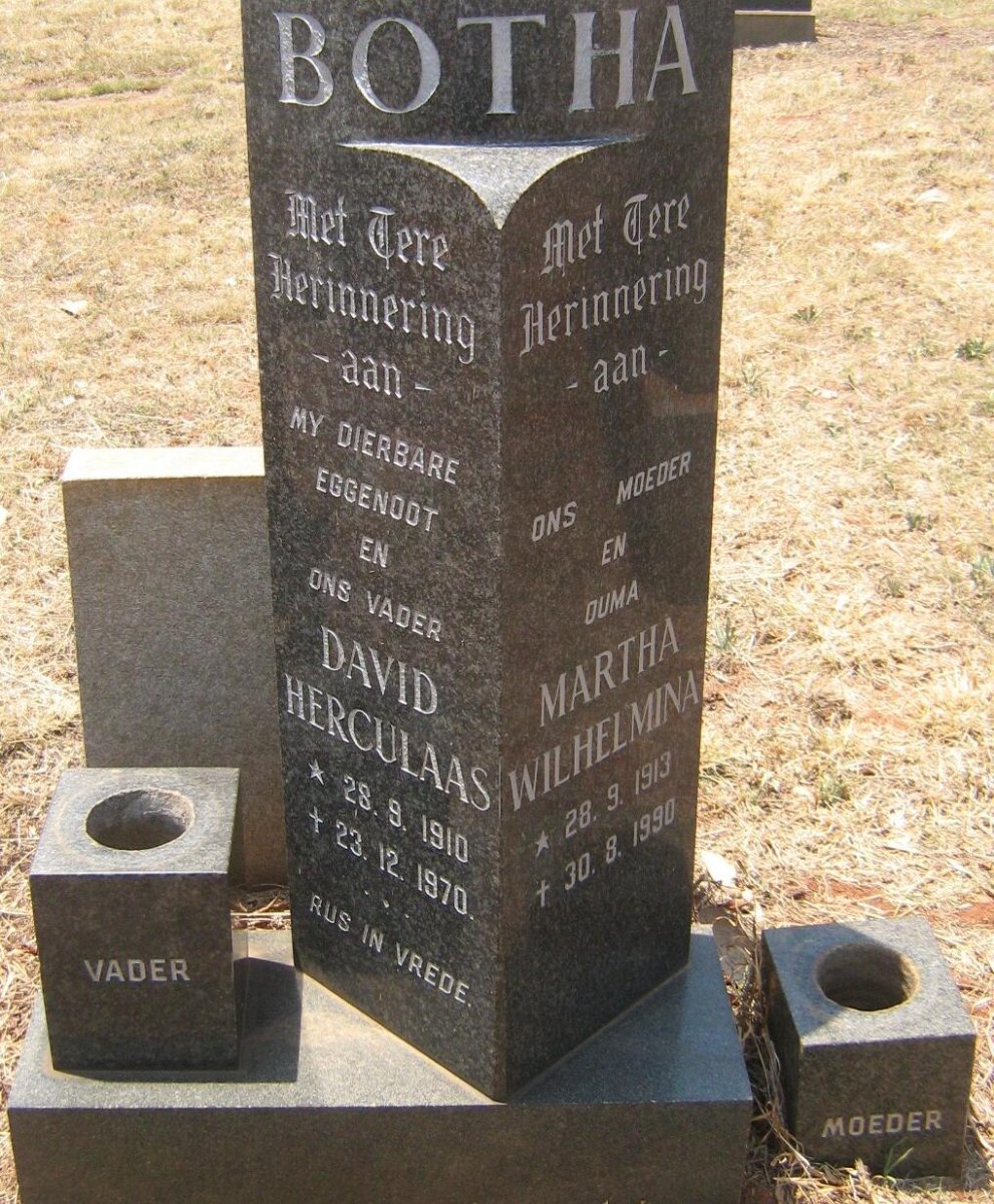 BOTHA David Herculaas 1910-1970 &amp; Martha Wilhelmina 1913-1990