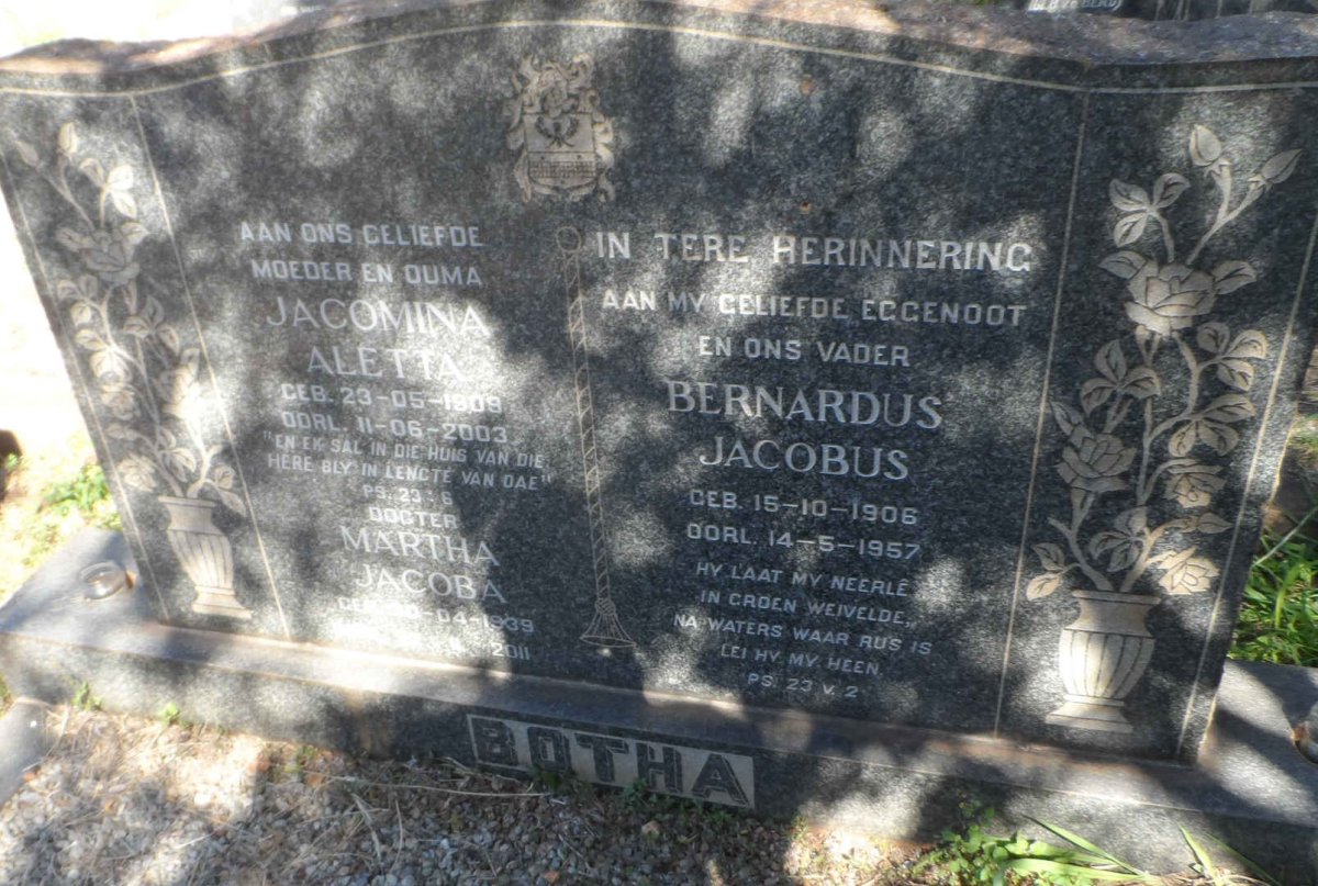BOTHA Bernardus Jacobus 1906-1957 &amp; Jacomina Aletta 1909-2003 :: BOTHA Martha Jacoba 1939-2011