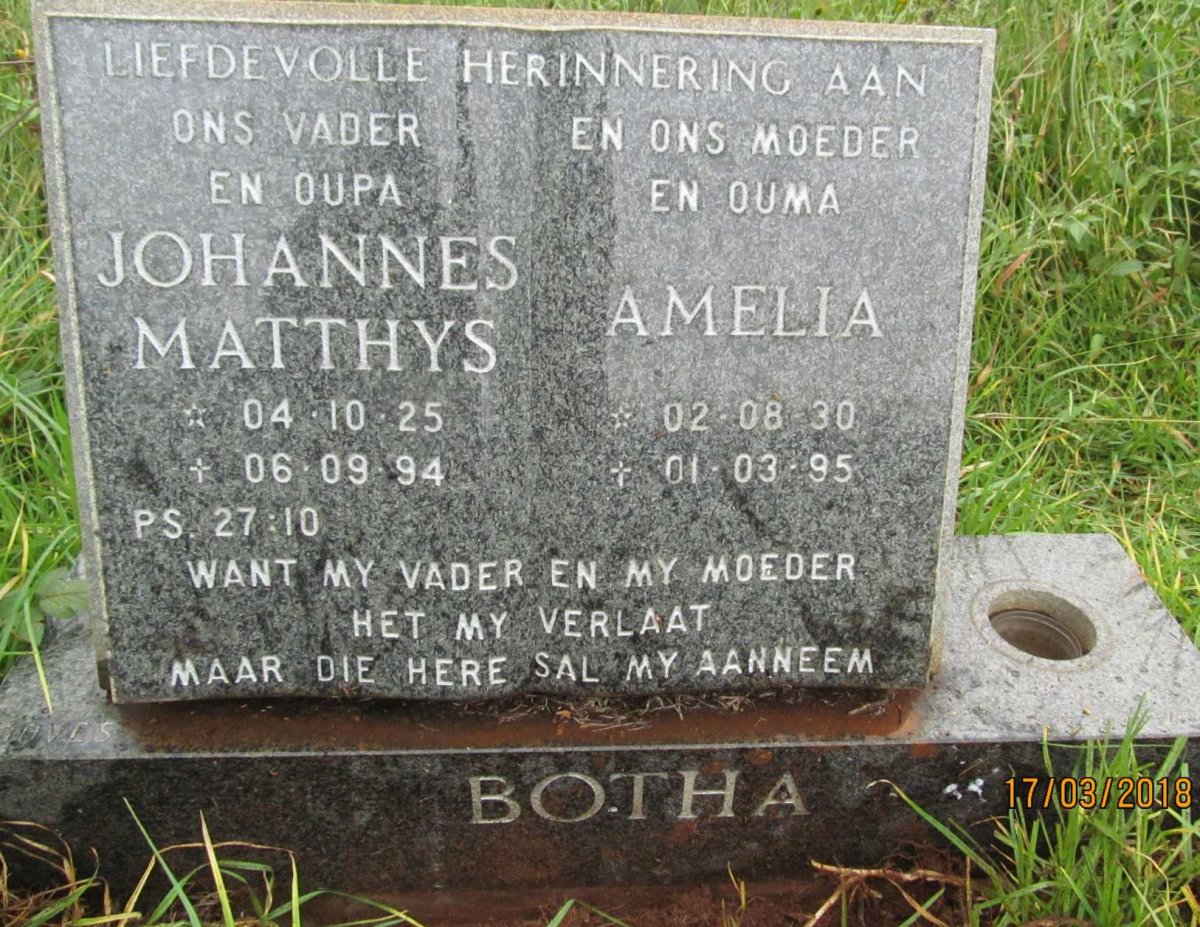 BOTHA Johannes Matthys 1925-1994 &amp; Amelia 1930-1995