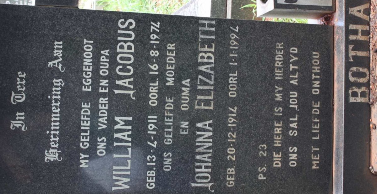 BOTHA William Jacobus 1911-1974 &amp; Johanna Elizabeth 1914-1994