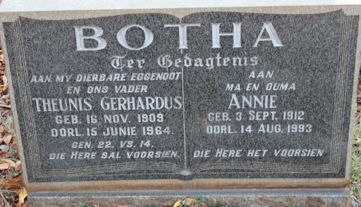 BOTHA Theunis Gerhardus 1909-1964 &amp; Annie 1912-1993