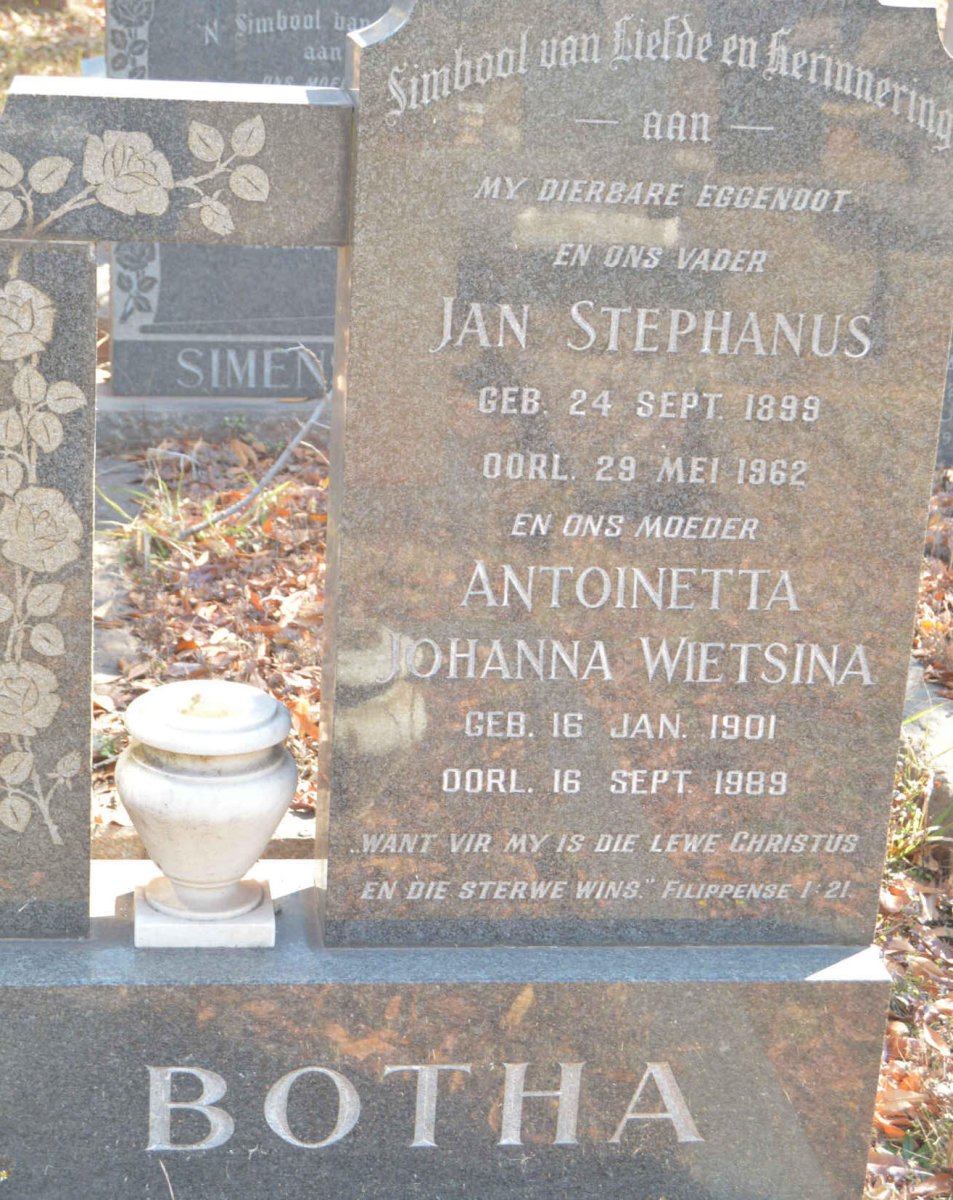 BOTHA Jan Stephanus 1899-1962 &amp; Antoinetta Johanna Wietsina 1901-1989