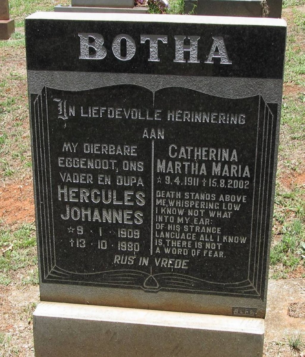 BOTHA Hercules Johannes 1909-1980 &amp; Catherina Maria 1911-2002