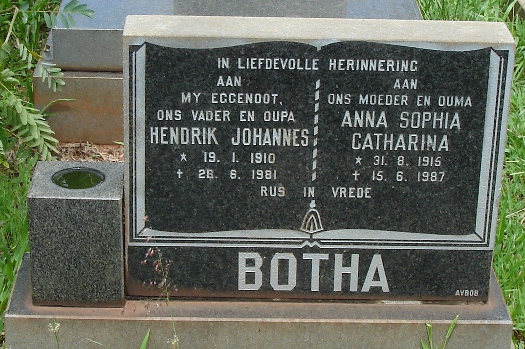 BOTHA Hendrik Johannes 1910-1981 &amp; Anna Sophia Catharina 1915-1987