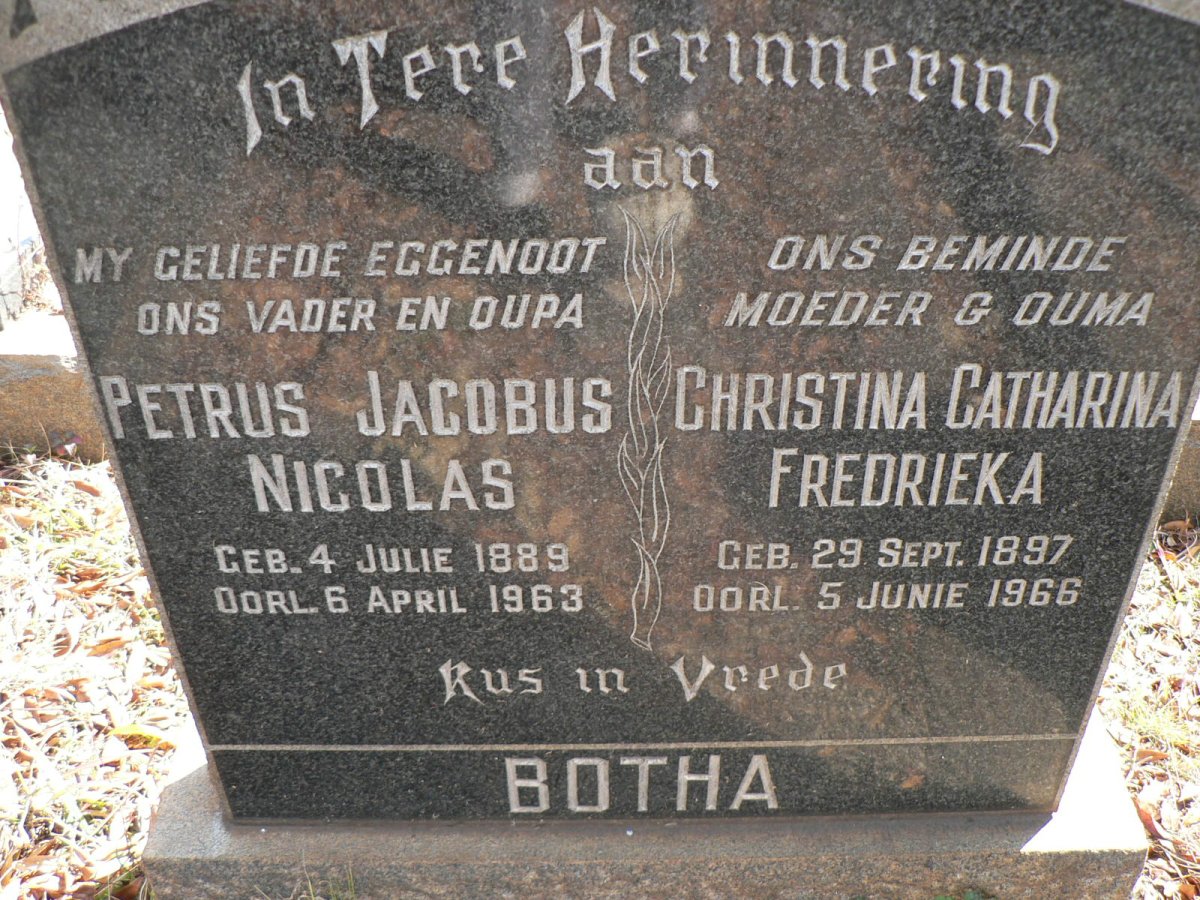 BOTHA Petrus Jacobus Nicolas 1889-1963 &amp; Christina Catharina Fredrieka 1897-1966