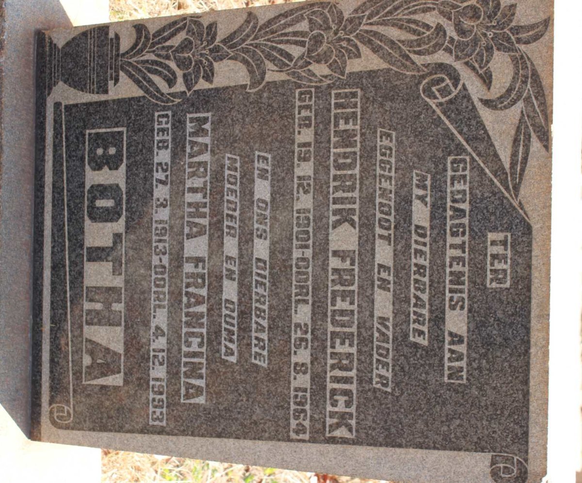 BOTHA Hendrik Frederick 1901-1964 &amp; Martha Francina 1913-1993