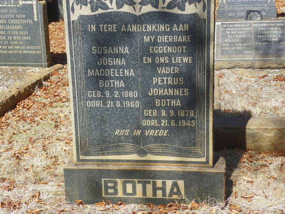 BOTHA Petrus Johannes 1878-1945 &amp; Susanna Josina Magdelena 1880-1960