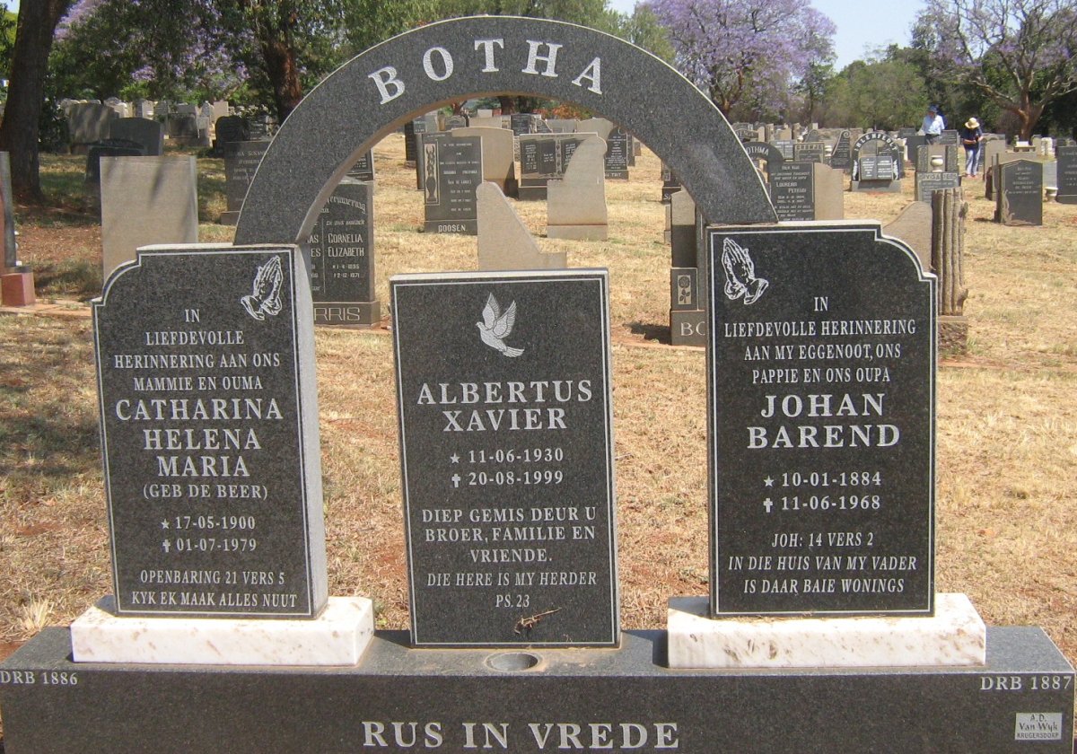 BOTHA Johan Barend 1884-1968 &amp; Catharina Helena Maria DE BEER 1900-1979 :: BOTHA Albertus Xavier 1930-1999