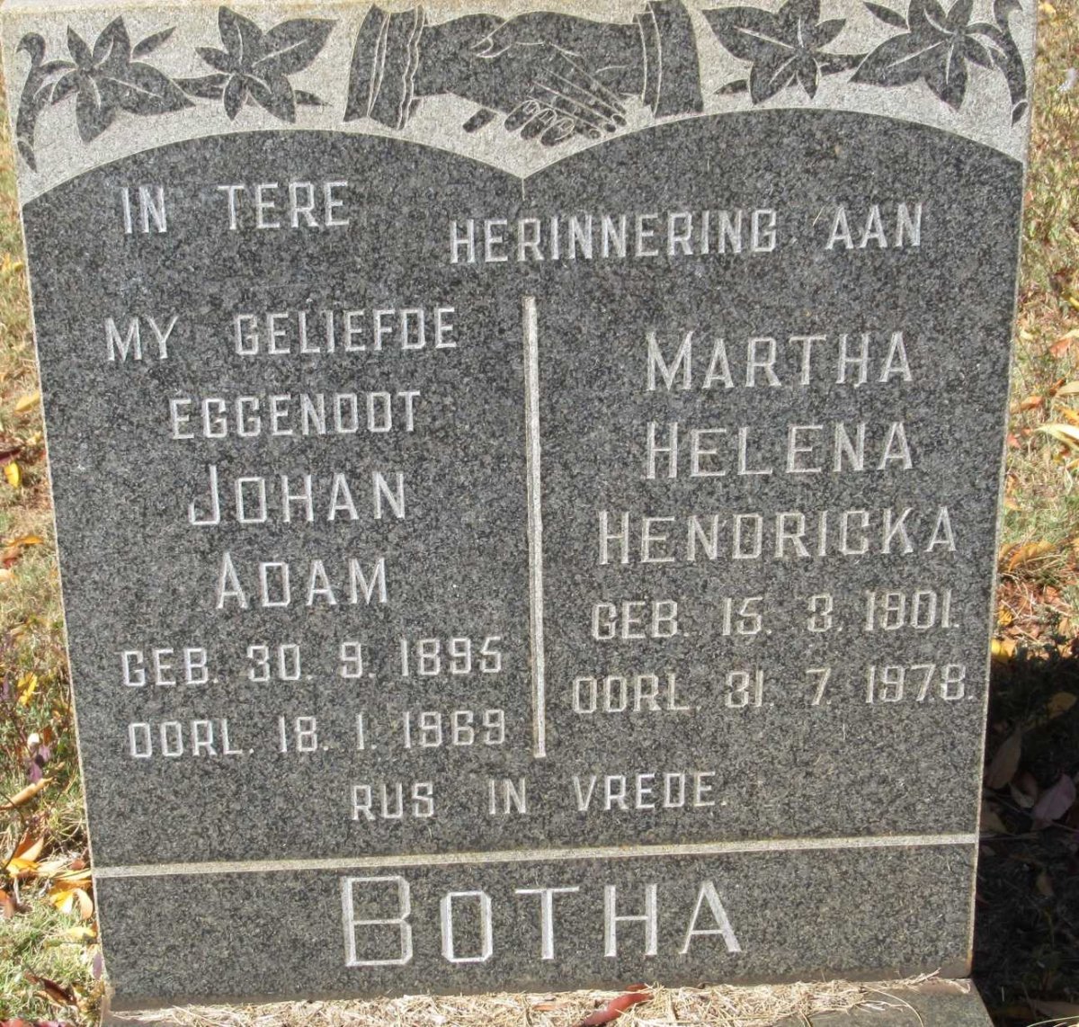 BOTHA Johan Adam 1895-1969 &amp; Martha Helena Hendricka 1901-1978 