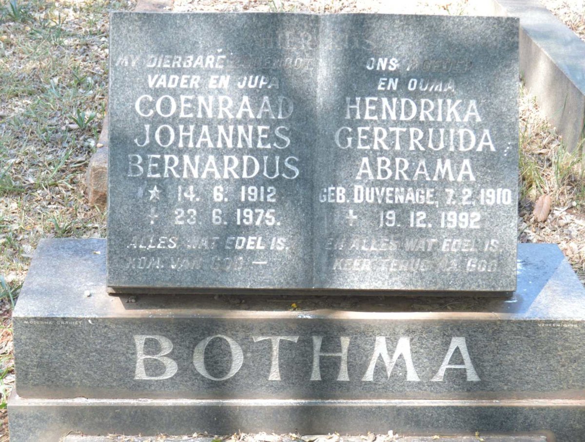 BOTHMA Coenraad Johannes Bernardus 1912-1975 &amp; Hendrika Gertruida Abrama DUVENAGE 1910-1992